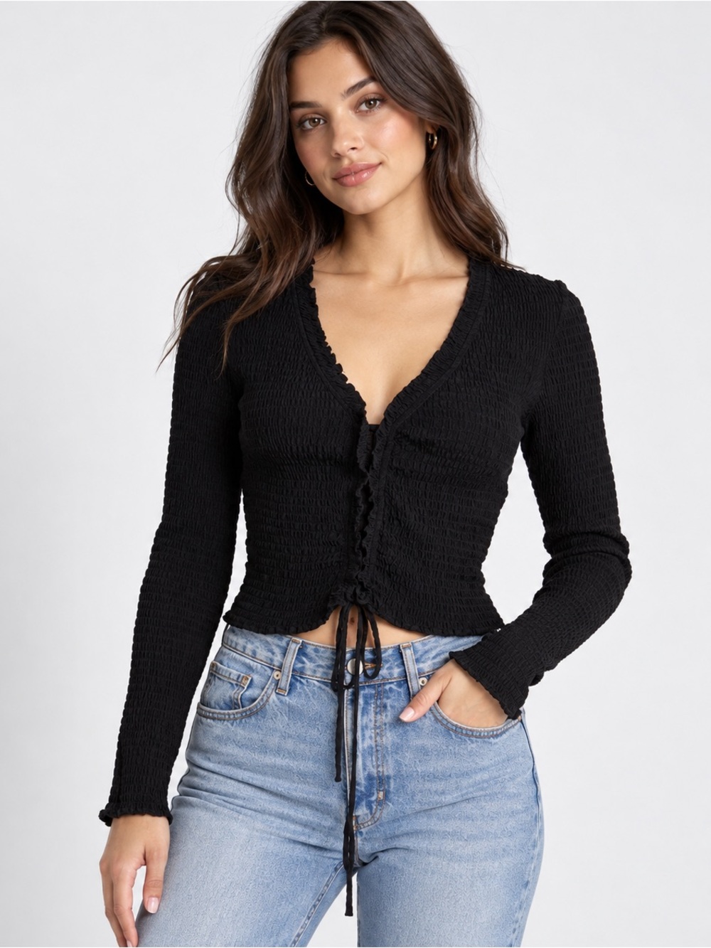 Topshop Black Smocked Long-Sleeve Tie-Front Cardigan